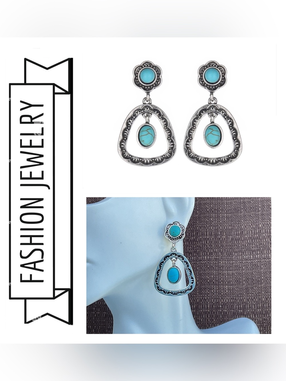🌟🌟 Turquoise Silver-Tone Drop Earrings